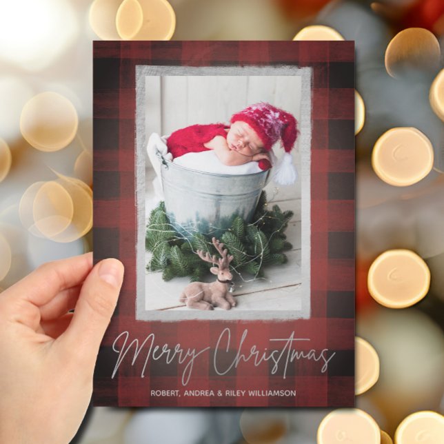 Cartão De Festividades Foto de Natal do Buffalo Check (Silver Merry Christmas on buffalo check holiday photo  cards)