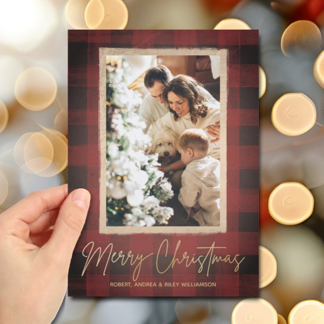 Cartão De Festividades Foto de Natal do Buffalo Check (Gold Merry Christmas on buffalo check photo holiday cards)