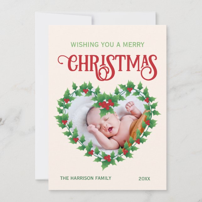 Cartão De Festividades Foto de Natal do Coração de Jolly Leaf (Frente)