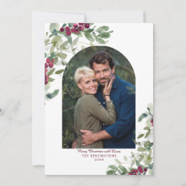 Cartão De Festividades Foto de Natal do Elegant Burgundy Greenery Arch