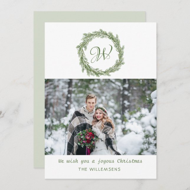 Cartão De Festividades Foto de Natal do Monograma Pine Wreath (Frente/Verso)