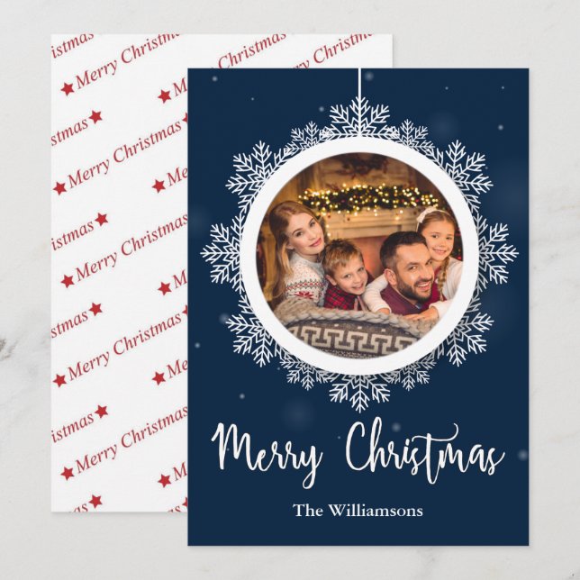 Cartão De Festividades Foto de Natal do Ornament Blue Snowflake (Frente/Verso)