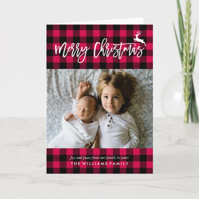 Cartão De Festividades Foto de Natal do Padrão de xadrez (Frente)