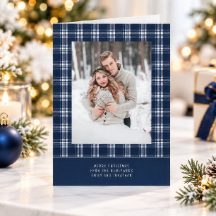 Cartão De Festividades Foto de Natal do Primeiro Casamento em Xadrez Azul