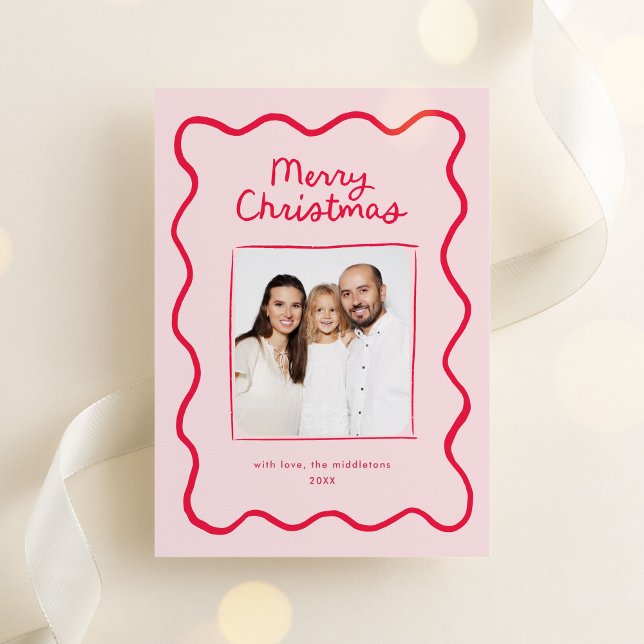 Cartão De Festividades Foto de Natal do Quadro de Onda de Portos Brancos  (whimsical, quirky Christmas photo card with hand drawn doodle frame in red)