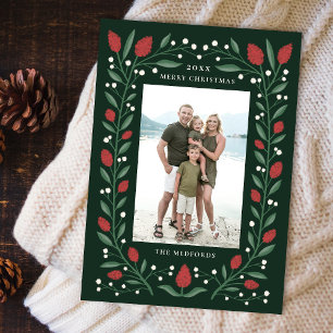 Cartão De Festividades Foto de Natal do Quadro Floral Clássico   Verde