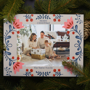 Cartão De Festividades Foto de Natal do Quadro Floral Elegante