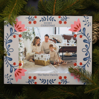 Cartão De Festividades Foto de Natal do Quadro Floral Elegante