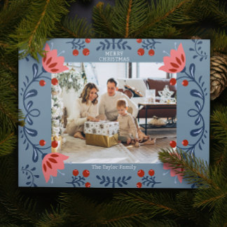 Cartão De Festividades Foto de Natal do Quadro Floral Elegante