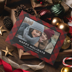Cartão De Festividades Foto de Natal do Tartan Festivo Vermelho e Preto