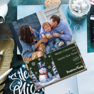 Cartão De Festividades Foto de Natal do Winter Forest Snowman   Verde