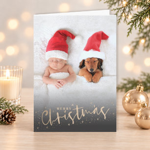Cartão De Festividades Foto de Natal dobrada de Feliz de Script Dourado