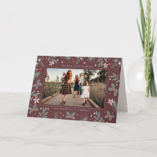 Cartão De Festividades Foto de Natal Dobrada Floral Botânica Borgonha