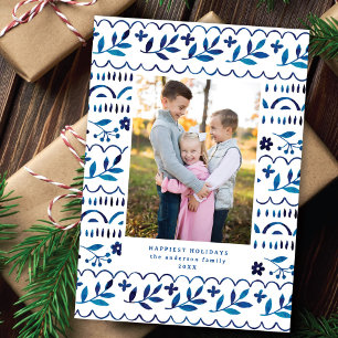 Cartão De Festividades Foto de Natal Elegante Blue Folk Watercolor