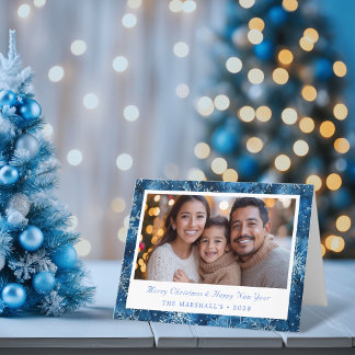 Cartão De Festividades Foto de Natal Elegante Blue Snowflakes