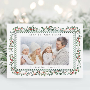Cartão De Festividades Foto de Natal Elegante com Folhas de Azevinho