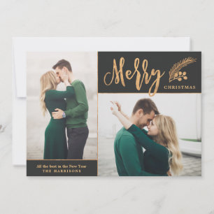 Cartão De Festividades Foto de Natal Elegante do Faux Gold Foil   Branco