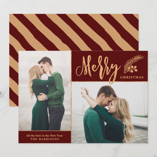 Cartão De Festividades Foto de Natal Elegante do Faux Gold Foil | Maroon (Frente/Verso)