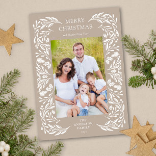 Cartão De Festividades Foto de Natal Feliz com Folhagens Brancas de Inver