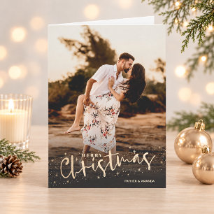 Cartão De Festividades Foto de Natal Feliz com Letra Dourada