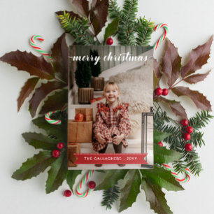 Cartão De Festividades Foto de Natal Feliz da Caligrafia Branca Vermelha