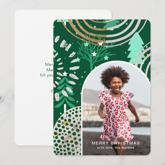 Cartão De Festividades Foto de Natal Feliz de Férias Verde com Mensagem (Frente/Verso)