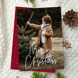 Cartão De Festividades Foto de Natal Feliz do Burgundy Script Manuscrito