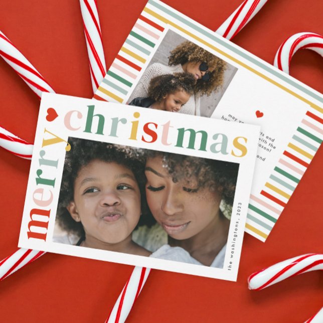 Cartão De Festividades Foto de Natal feliz e colorida (A modern colorful typography 2 photo merry Christmas holiday card.)