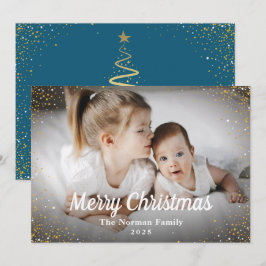 Cartão De Festividades Foto de Natal Feliz e Dourada Azul de inverno