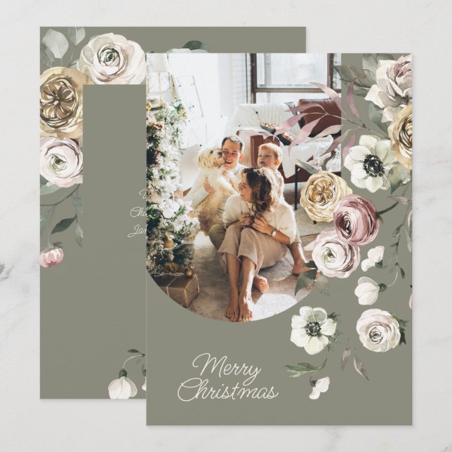 Cartão De Festividades Foto de Natal Floral Personalizada (Frente/Verso)