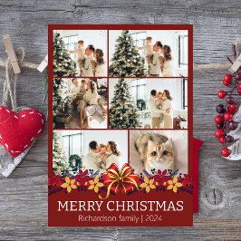 Cartão De Festividades Foto de Natal Floral Simples da Família Elegante