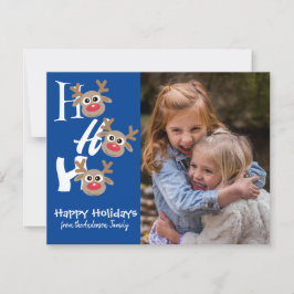 Cartão De Festividades Foto de Natal Ho Ho Ho Rena Azul Novidade