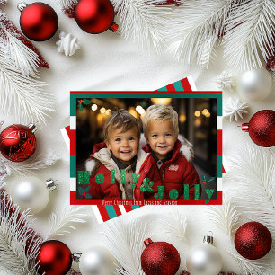 Cartão De Festividades Foto de Natal "Holly & Jolly" Vermelha e Verde