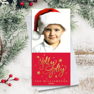 Cartão De Festividades Foto de Natal Holly Jolly Whimsic Red Dourado