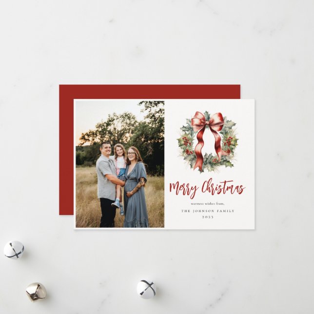 Cartão De Festividades Foto de Natal Holly Wreath (Frente/Verso In Situ)