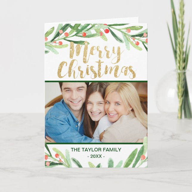 Cartão De Festividades Foto de Natal Holly Wreath (Frente)