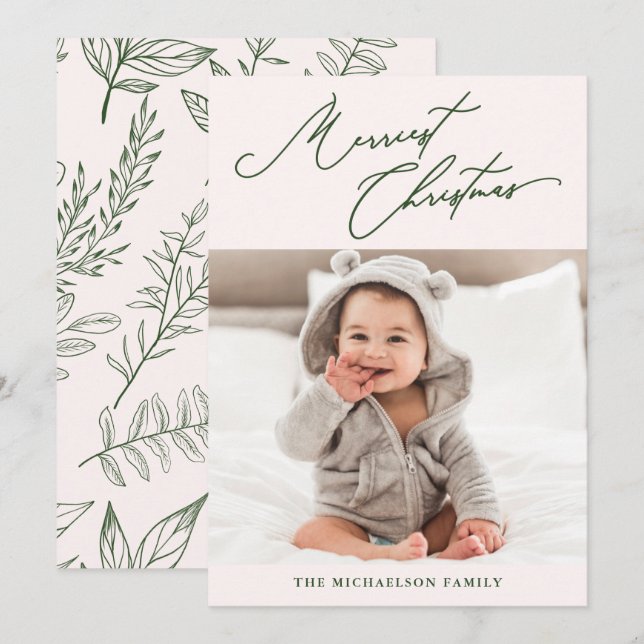 Cartão De Festividades Foto de Natal Magrinha Rosa Botânica de inverno (Frente/Verso)