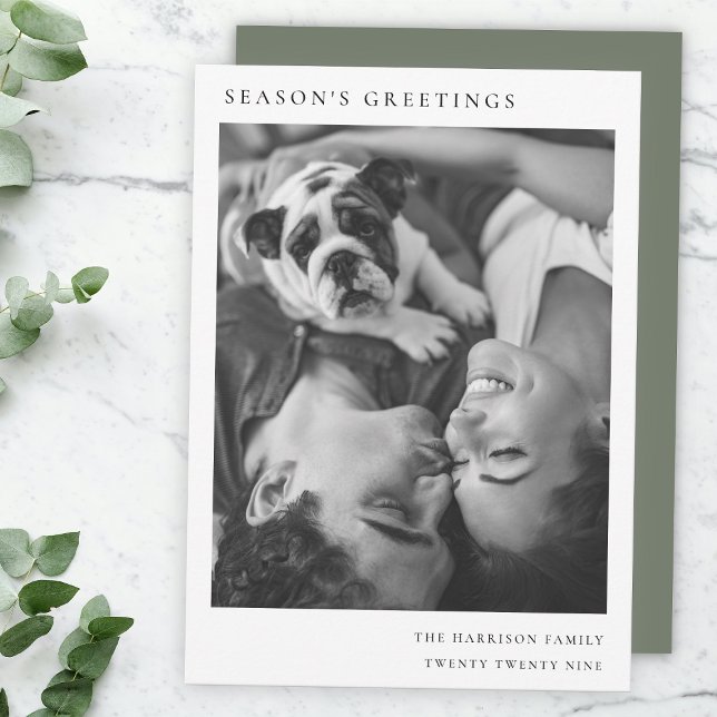 Cartão De Festividades Foto de Natal Mínima Preta e Branca (Share warm festive style with a minimalist Season’s Greetings card by Guava)