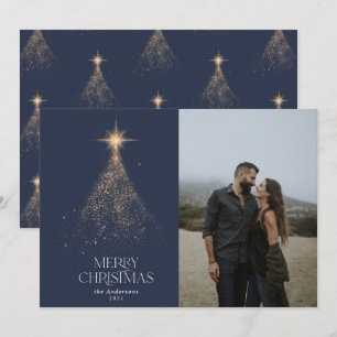 Cartão De Festividades Foto de Natal moderna em azul com brilho dourado