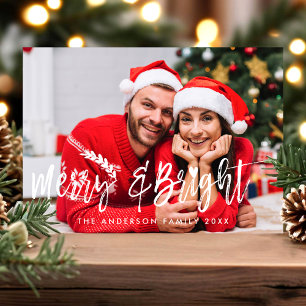 Cartão De Festividades Foto de Natal Moderna Listrada Alegre e Brilhante