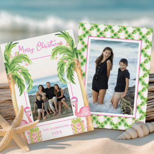 Cartão De Festividades Foto de Natal na Praia do Flamingo Rosa em Aquarel