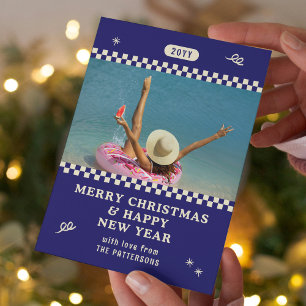 Cartão De Festividades Foto de Natal Personalizada Azul Retro