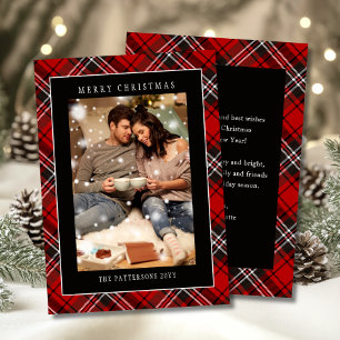 Cartão De Festividades Foto de Natal Personalizada com Xadrez Vermelho
