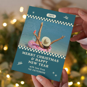 Cartão De Festividades Foto de Natal Personalizada em Azul Turquesa Retrô