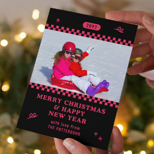 Cartão De Festividades Foto de Natal Personalizada Preto e Rosa Retro