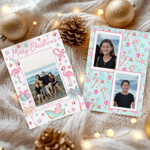 Cartão De Festividades Foto de Natal Pink & Aqua Flamingo Beach