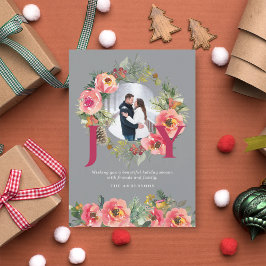Cartão De Festividades Foto de Natal Red Joy Floral Wreath Botânica