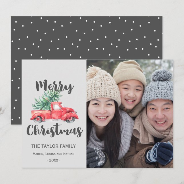 Cartão De Festividades Foto de Natal Red Truck and Tree (Frente/Verso)