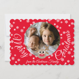 Cartão De Festividades Foto de Natal Red White Script Reindeer Cute