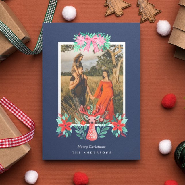 Cartão De Festividades Foto de Natal Rena Floral Azul (Criador carregado)